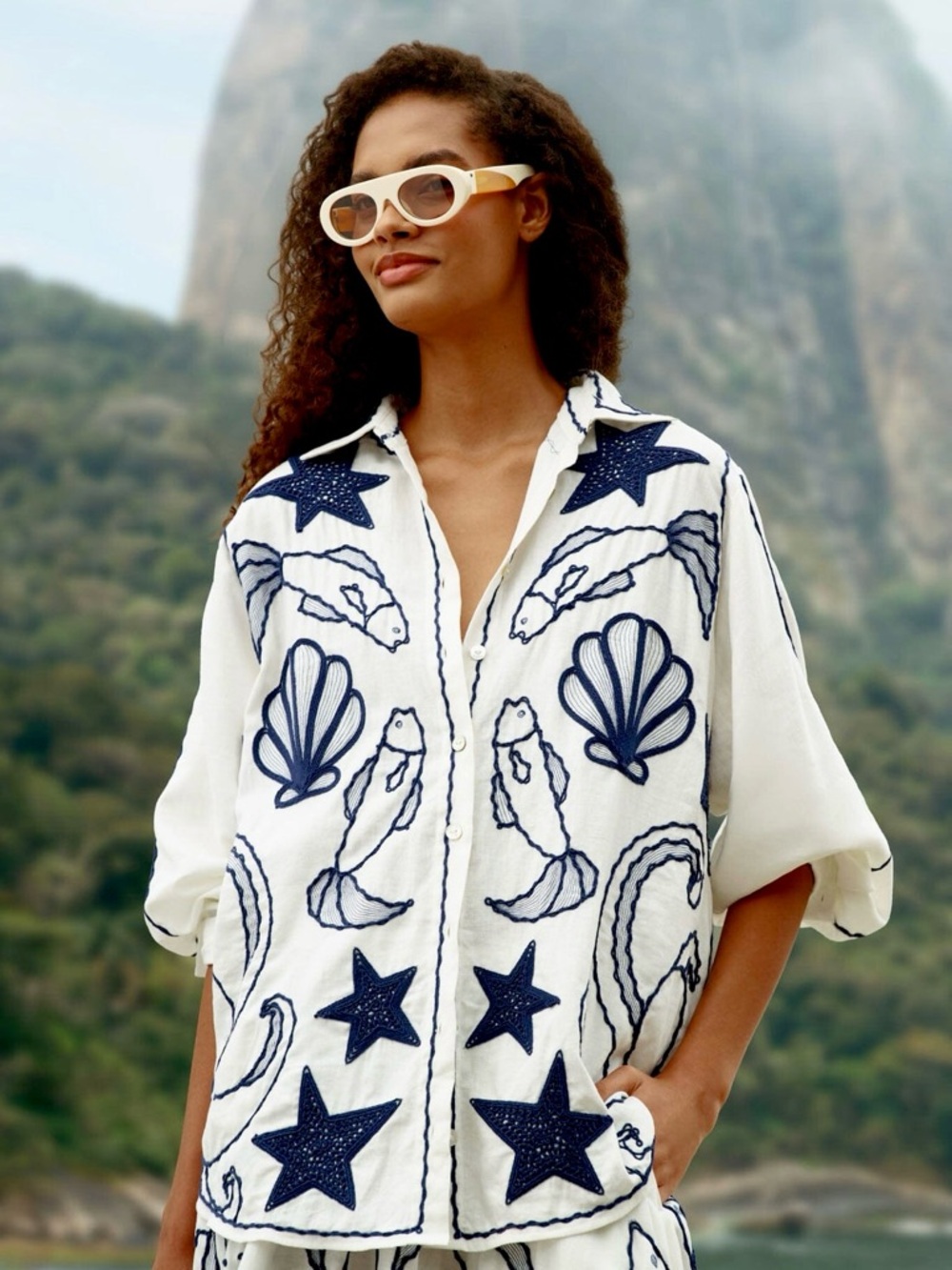 FARM Rio Off-White Fresh Fish Embroidered Puff Sleeve Shirt Size XS NWT